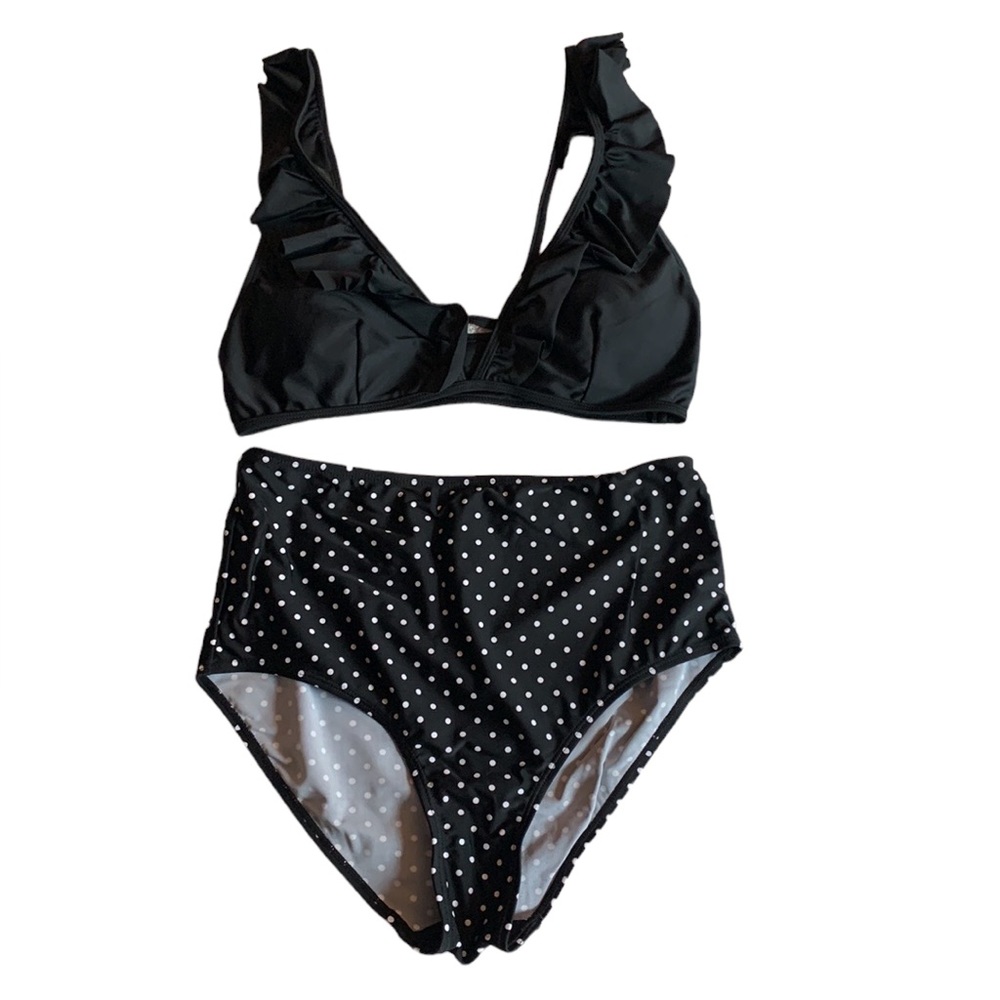 SHEIN Black Polka Dot Ruffle High Waisted Bikini, size M 6